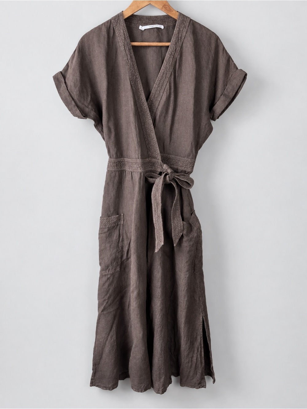 Xandres 100% Linen Short Sleeve Wrap Midi Dress Brown Size EUR 34 US XS Neutral